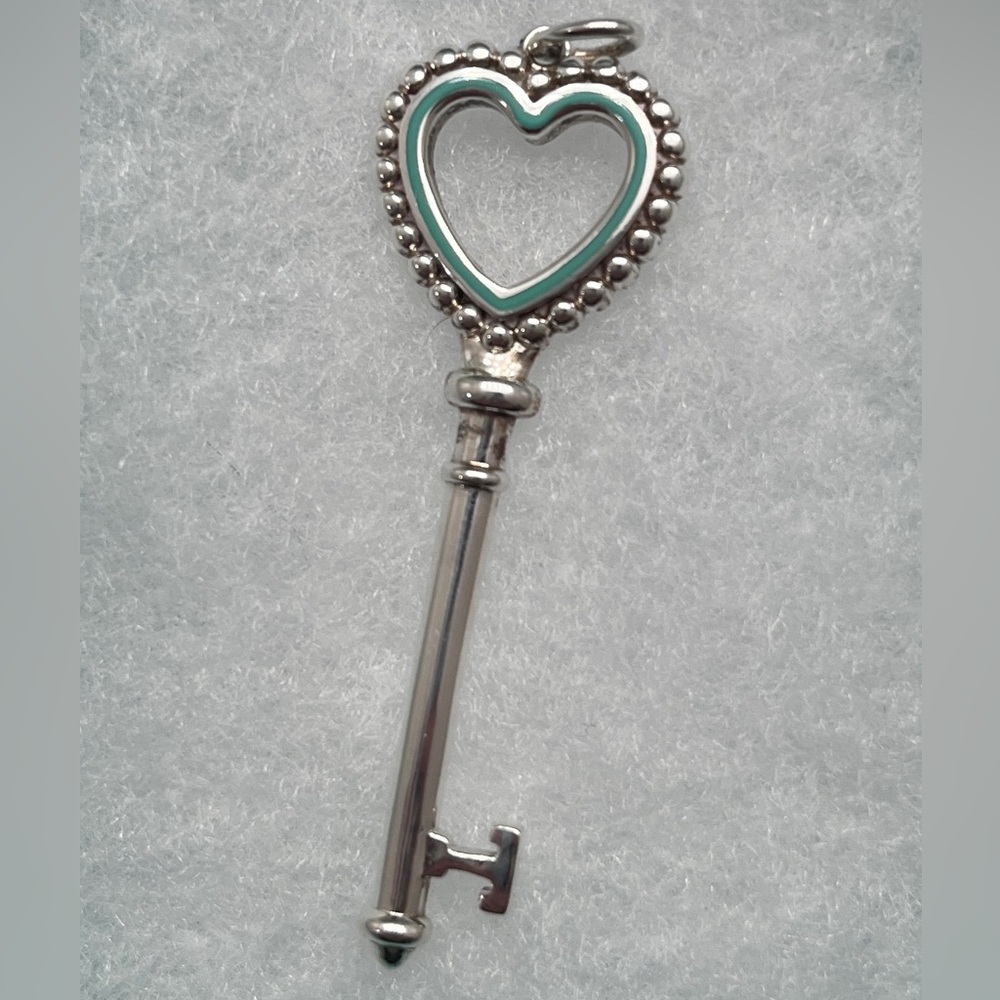 RARE Retired Tiffany & Co. Blue Enamel Open Heart Key Pendant - Picture 3 of 7